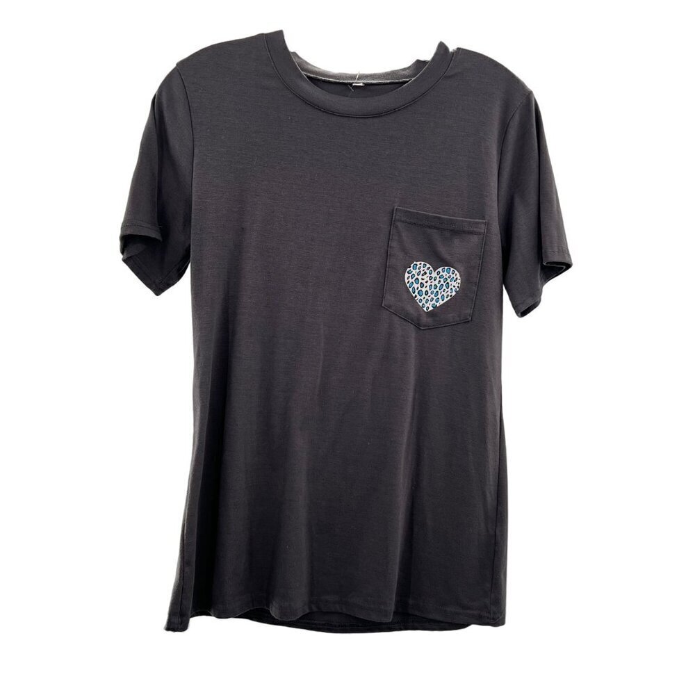 C Women's Short Sleeve Heart Pocket T-Shirt Black/White Size Small - Picture 1 of 8